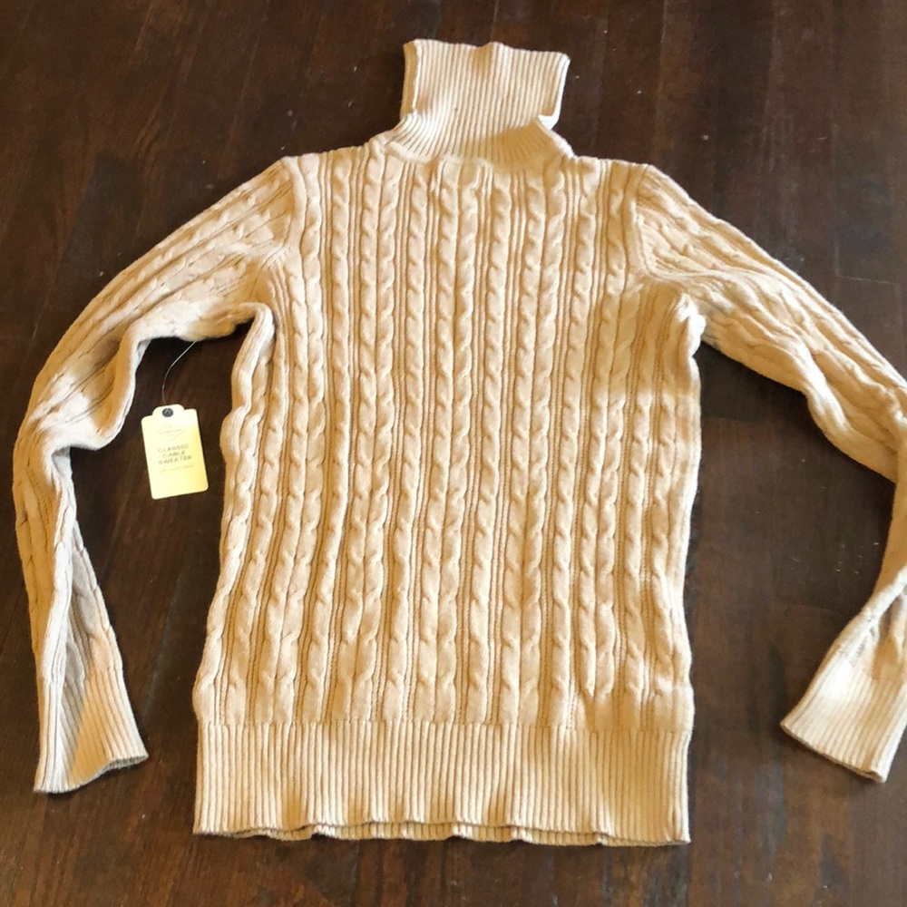 Beige Turtleneck Cable Knit Sweater